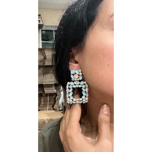 blue rhinestone earring big baby blue light blue statement long sky blue crystal - Picture 2 of 3